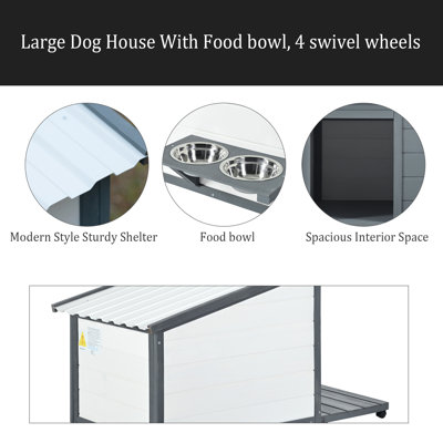 Niche pour chien d'extérieur en bois massif, conception moderne de style imperméable avec bol alimentaire, 4 roulettes pivotantes