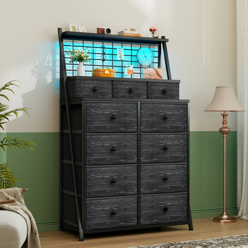 Grande commode 11 tiroirs avec tablette grillagée en métal et lumières à DEL, commode double pour chambre à coucher avec tablette à 2 niveaux