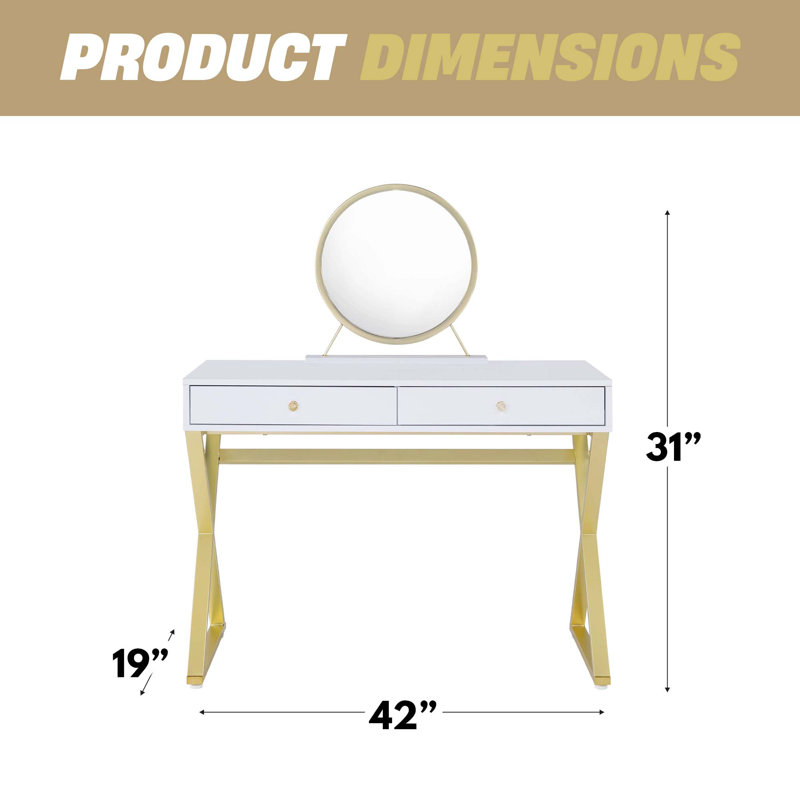 Bureau de coiffeuse avec miroir et plateau à bijoux - Finition blanche et or