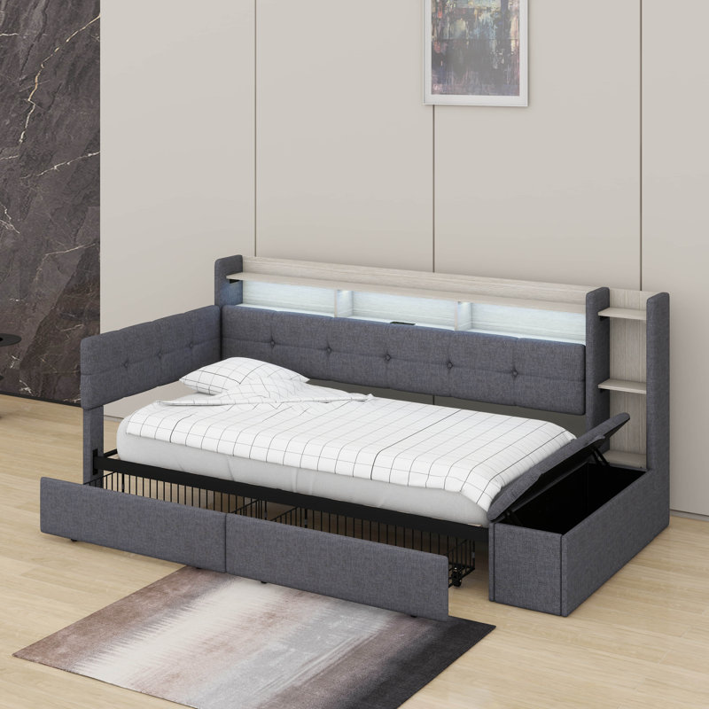 Lit de jour rembourré avec lumière DEL, repose-pieds avec rangement, lit de jour avec tiroirs, charge USB et tablettes, Twin