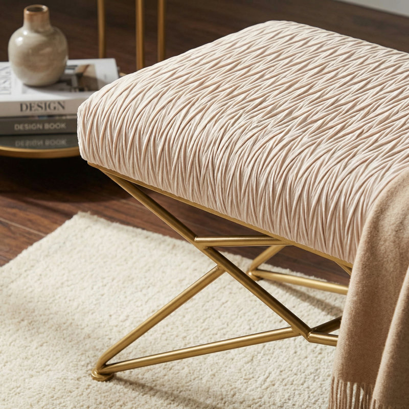  Brading Bench Ottoman in Cream Velvet, Gold Legs, 45"