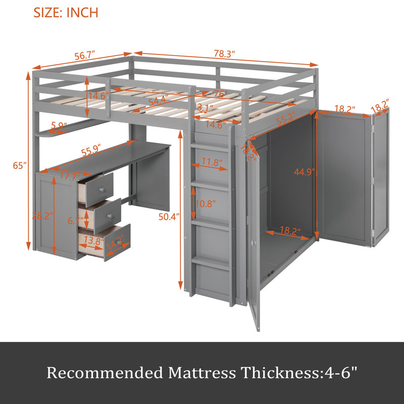 Lit mezzanine avec tiroirs, bureau et garde-robe, Gris, Lit double