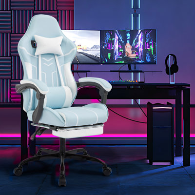 Fauteuil de jeu ergonomique en cuir bleu avec soutien lombaire apaisant, mobilité à 360 ° et excellent confort imperméable, repose-pieds rétractable réglable