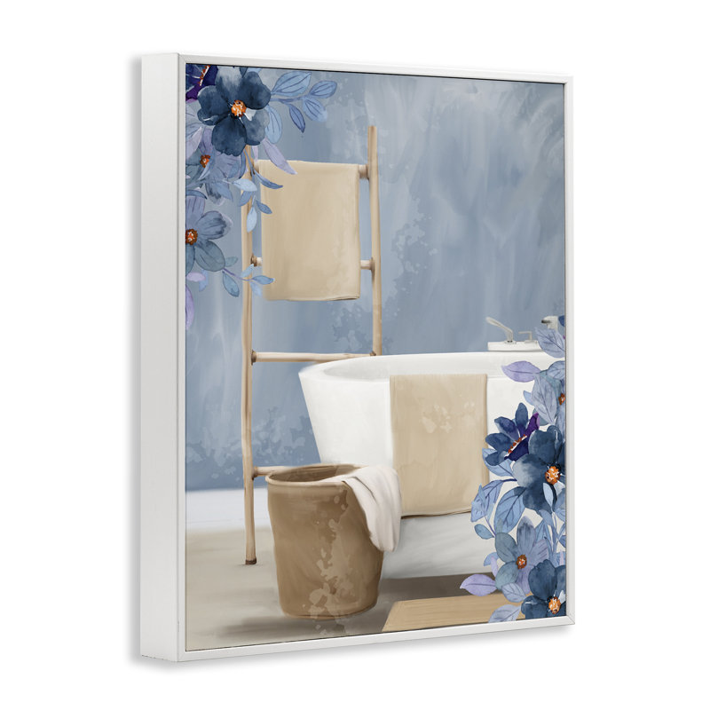 «Bathroom Blues», scène florale giclée, design par Kim Allen, H 14 po x l 11 po, Estampe numérique encadrée blanc bord de mer
