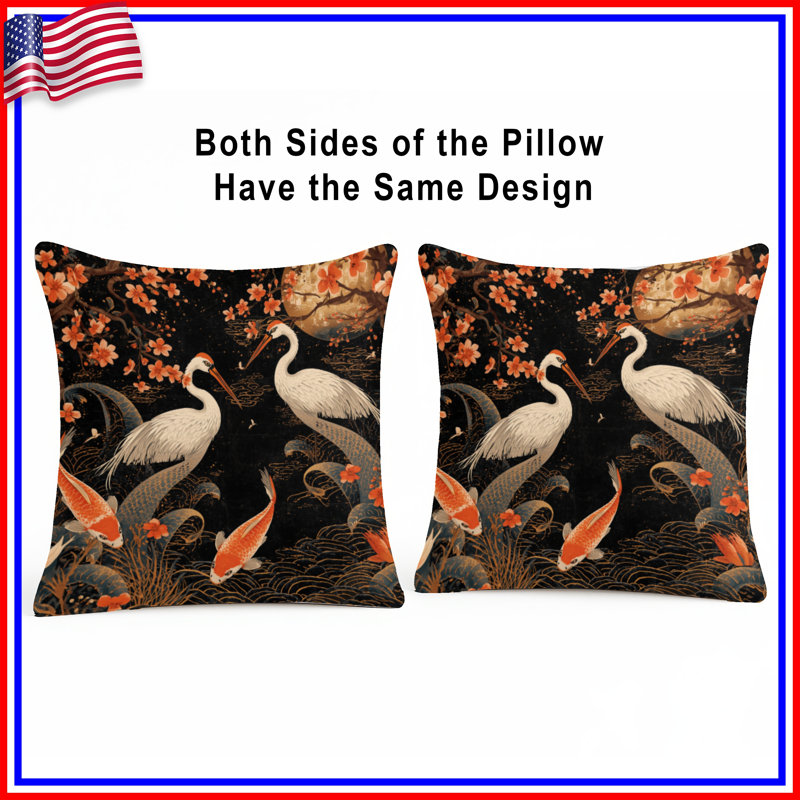 Coussins Cranes And Koi Fish, 14 X 14 pouces