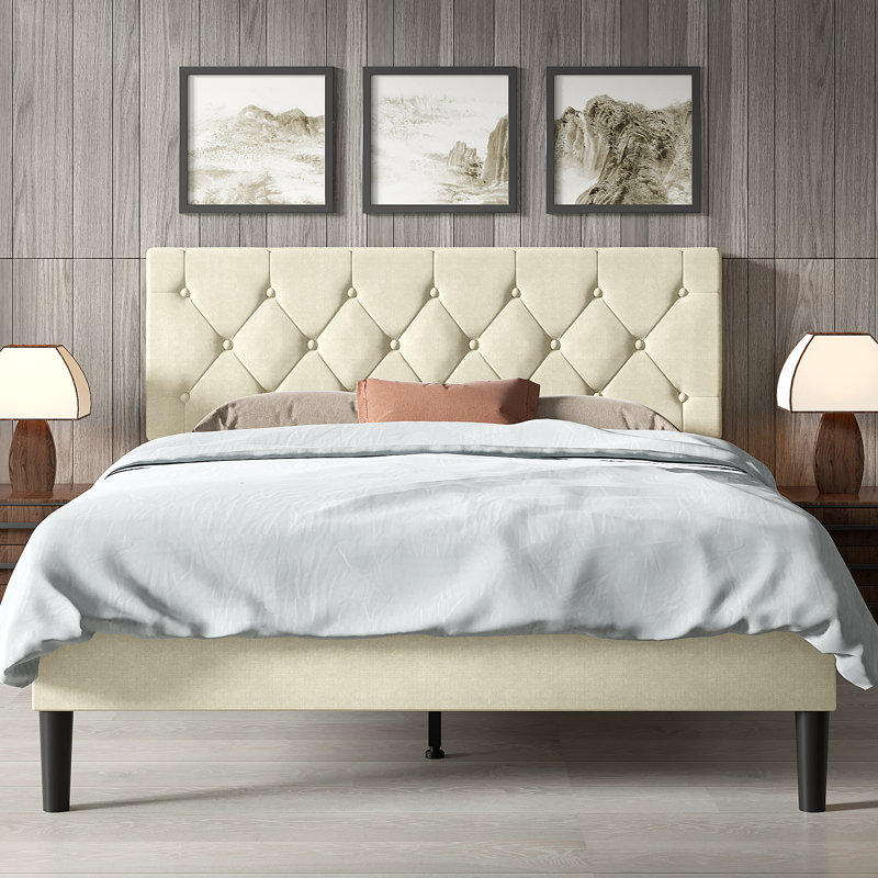 Lit plateforme tapissier Candelaria avec tête de lit capitonnée réglable, cadre de lit en tissu de lin avec tête de lit capitonnée à boutons, aucun sommier requis, support à lattes en bois, lit tapissier moderne pour la chambre à coucher