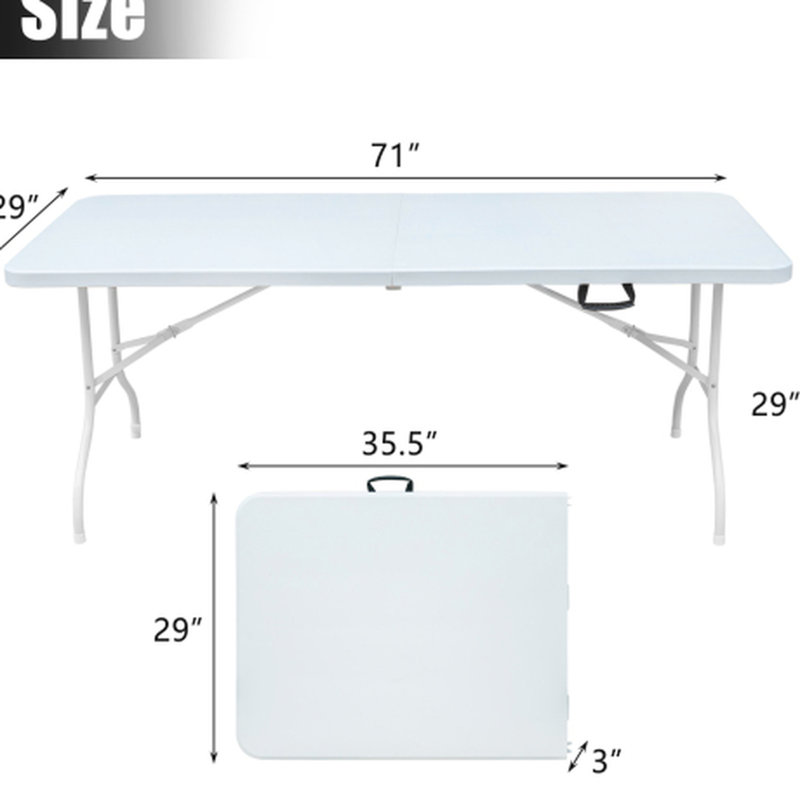 Table pliante de 6 pi pour le camping, les pique-niques et les fêtes. Plastique portatif avec capacité de charge élevée. Plateau de table lisse et imperméable. Conception triangulaire pour une meilleure stabilité. Trois hauteurs réglables. Léger,