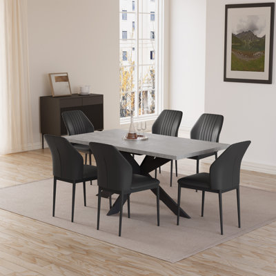 6 - Person Modern Oak Kitchen Dining Set, 51.2'' to 67'' Extendable Dining Table with 32.4"H Upholstered Dining Chairs for 6 Person