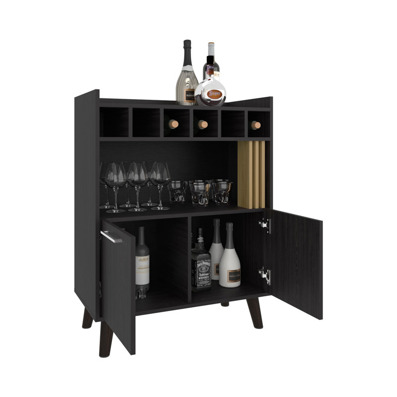 Armoire de bar de 40 po de hauteur avec six casiers à bouteilles, deux cabientets à deux portes, quatre tablettes, un salon, un porte-bouteilles et un cabaret Liquoar