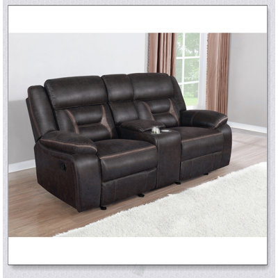 Causeuse coulissante rembourrée avec console, similicuir haute performance, inclinaison manuelle et porte-gobelets intégrés Brazelton pour un confort moderne.