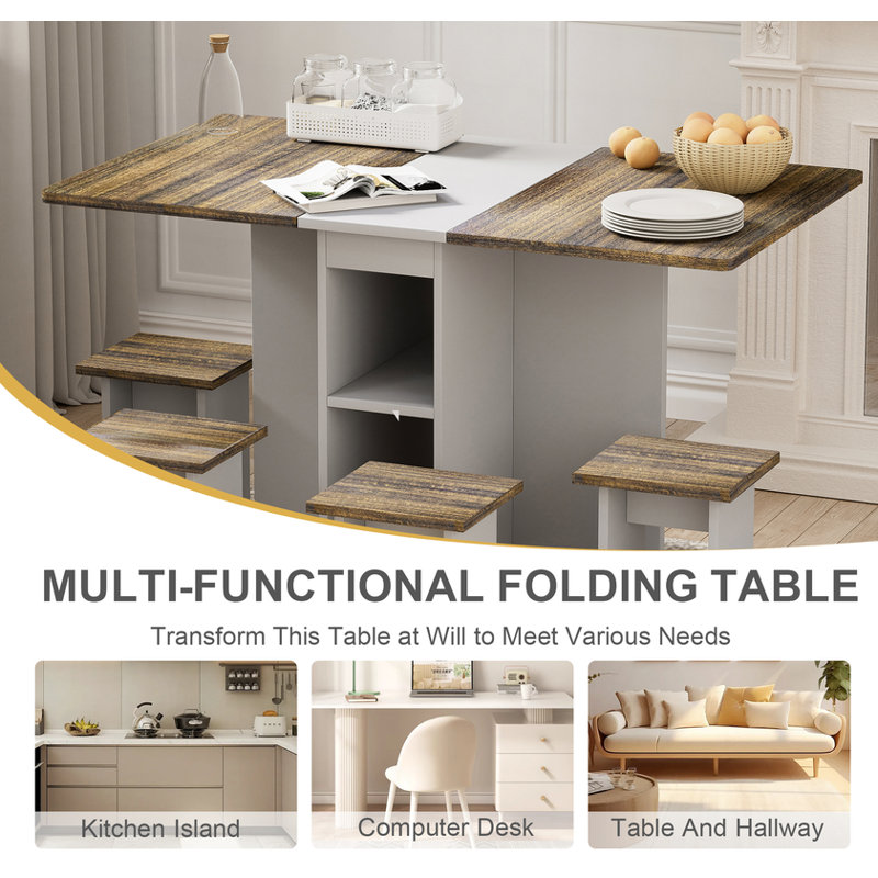 The 55'' Drop-Leaf Wood Kitchen and Dining Room Table Set features storage and 6 wheels, perfect for saving space in small areas. Available in Brown.