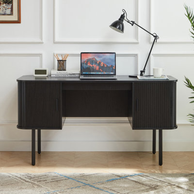 Bureau d'ordinateur de 55 po avec 2 armoires de rangement, bureau de direction Mid-Century avec station de charge, grand bureau moderne avec pieds en métal réglables