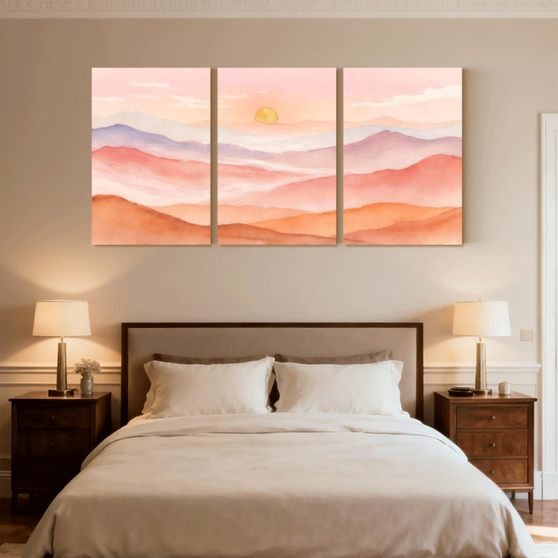 Abstrait pastel coucher de soleil montagne, ensemble de 3 reproductions d'art sur toile, H 24 po x l 48 po