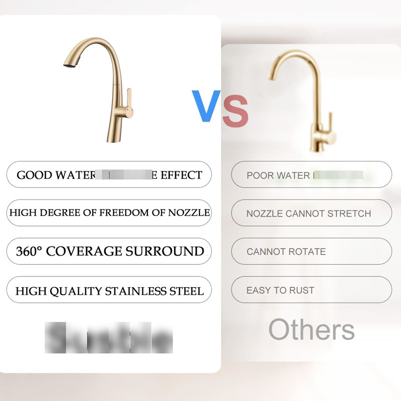 Single Handle Brushed Gold Pull Out Tap - Stainless Steel, 9.05 Inch Reach, Spout, Build Kitchen Faucet 304 27.56 Hose, Modern