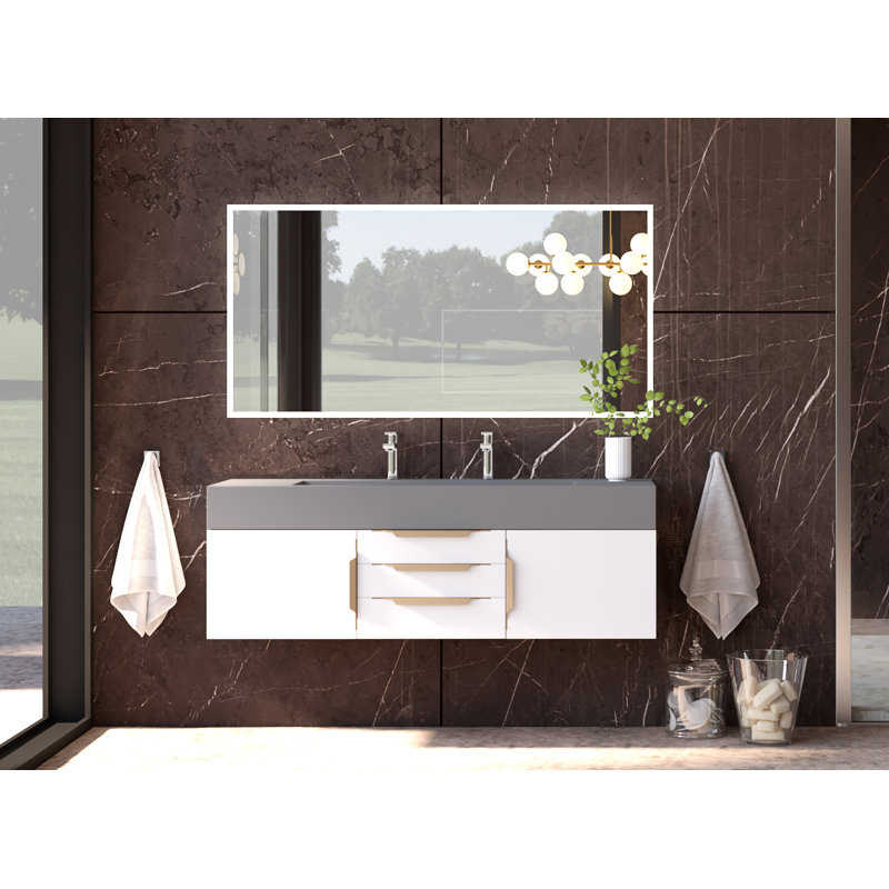 Ensemble de meuble-lavabo simple mural 60 "avec miroir Nile, gris, Blanc, Or