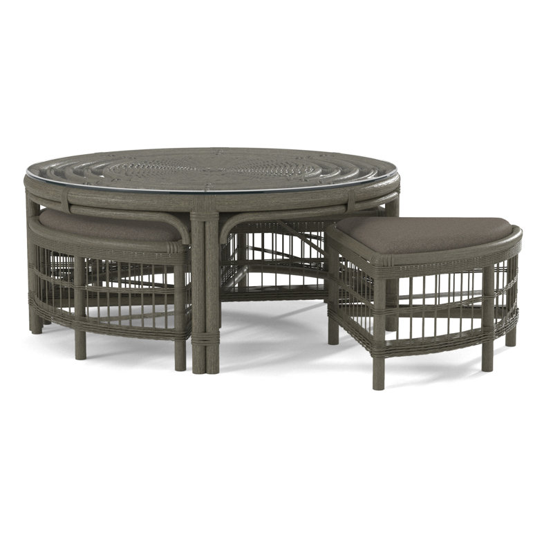 Raffles Rattan Cocktail Table with Benches, Greystone, Blue Buffalo Check; 0120-61