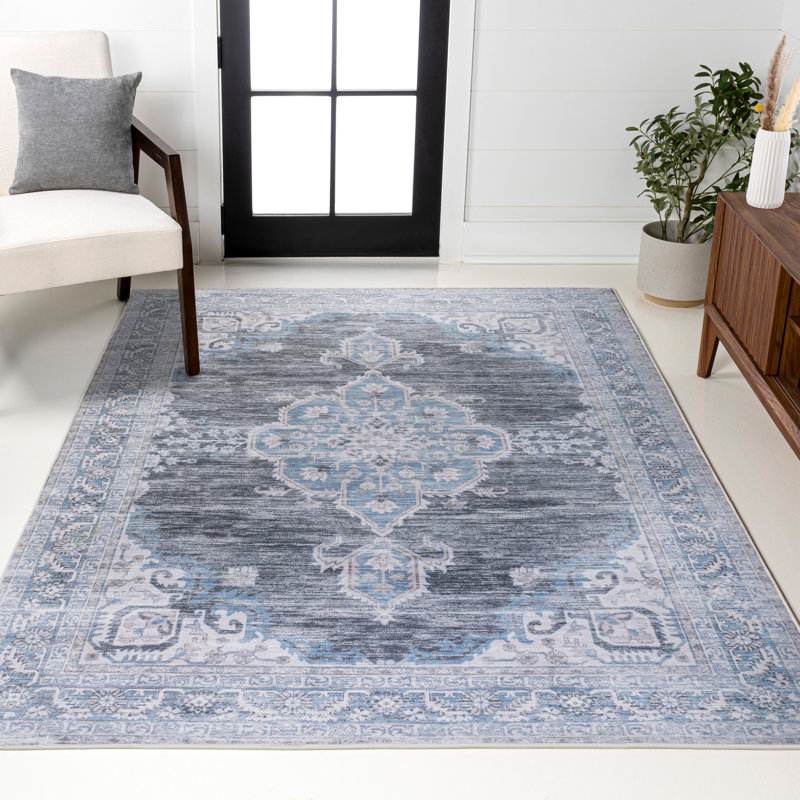 Tapis gris / bleu / blanc Heida Chenille Medallion Cottage, Rectangle 7 pi 10 po x 10 pi