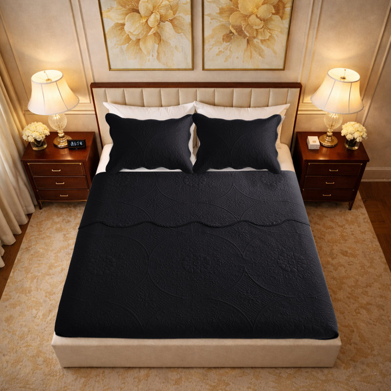 Ensemble de courtepointe à motif floral en microfibre pré-lavée, Noir, Grand couvre-lit + 2 taies d'oreiller standard