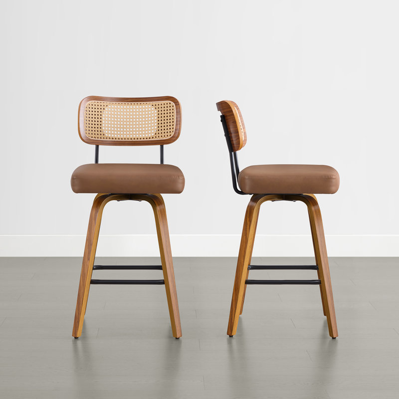 Tabouret de comptoir pivotant rembourré avec structure en bois cintré noyer, Brun, 2