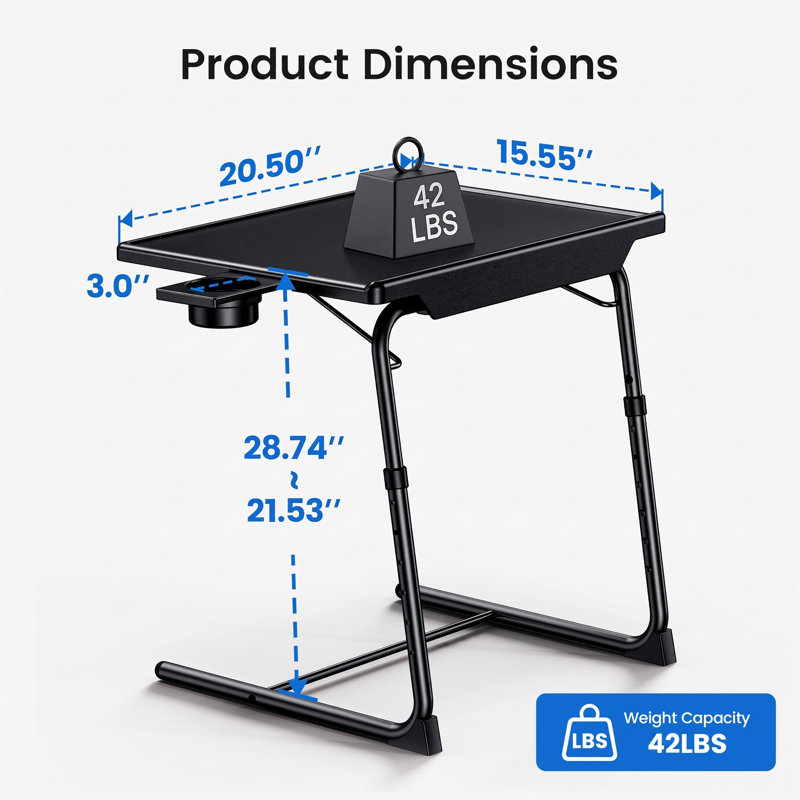 Table d'appoint télé avec porte-gobelet, réglable en hauteur (6 positions) et en inclinaison (3 positions), support confortable pour ordinateur portable, idéal pour le lit et le canapé (lot de 2).