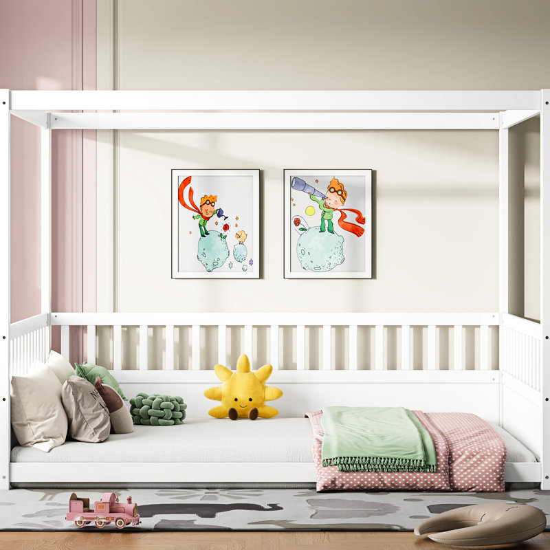 Lit en bois blanc S avec auvent - coffre-fort et plancher