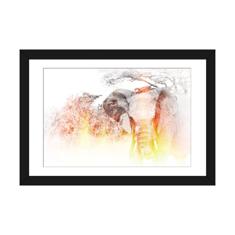 «Golden Elephant», reproduction sur toile, H 16 po x l 24 po x P 1 po, Papier d'art encadré noir, Blanc