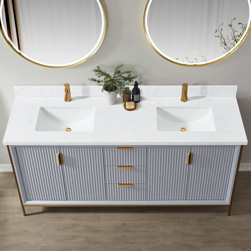 Malaga 73'' Grain White Stone Double Vanity Top with Sinks