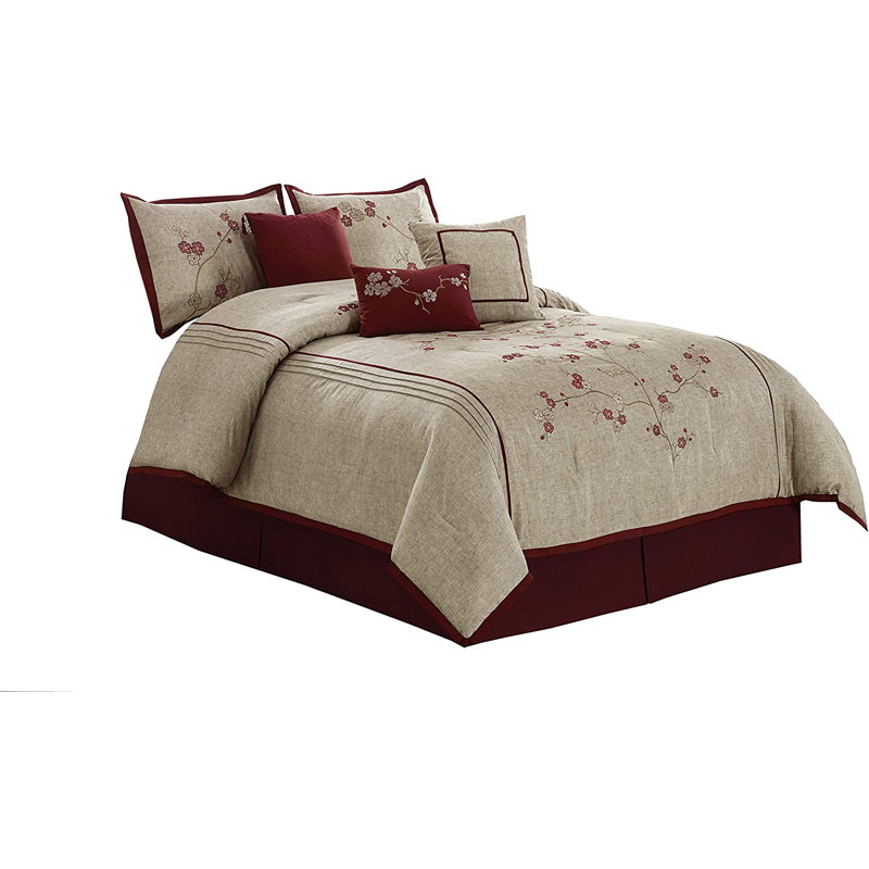 Miki Cherry Blossom Embroidery Comforter Set, Purple/Gray, Queen Comforter + 2 Standard Shams