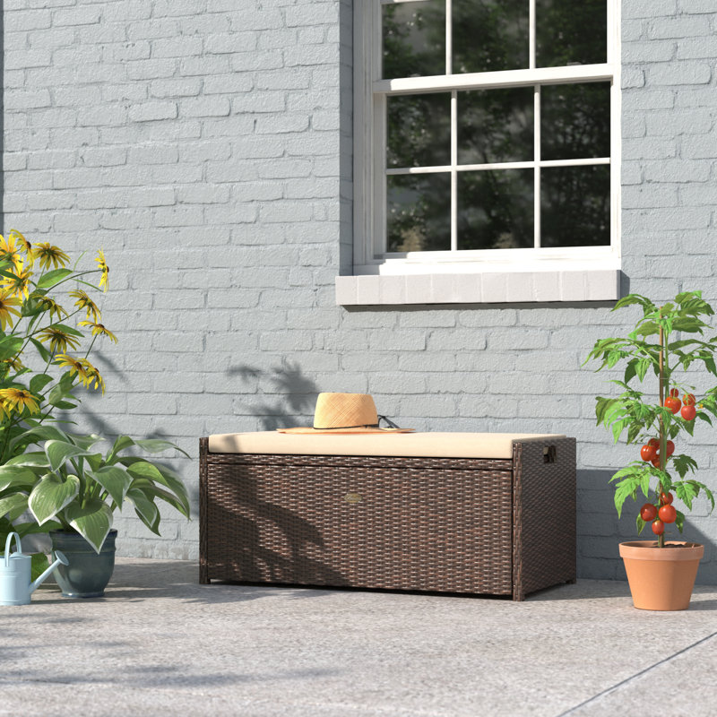 Brown Wicker and Steel Outdoor Storage Bench with Cushion