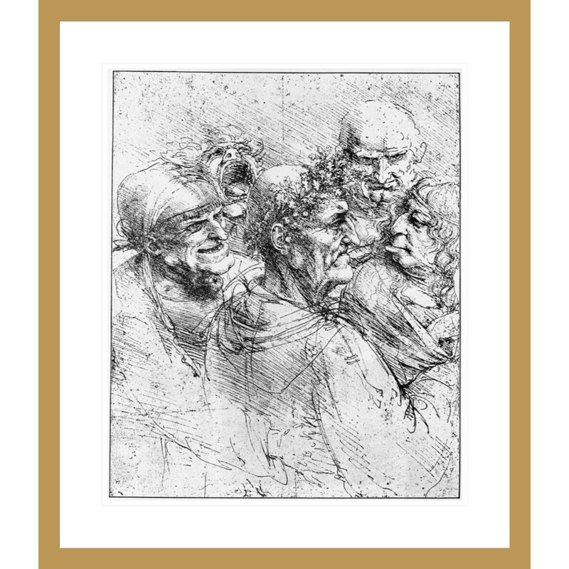 Reproduction d'après un dessin de cinq personnages dans une scène comique par Leonardo Da Vinci, impression giclée encadrée
