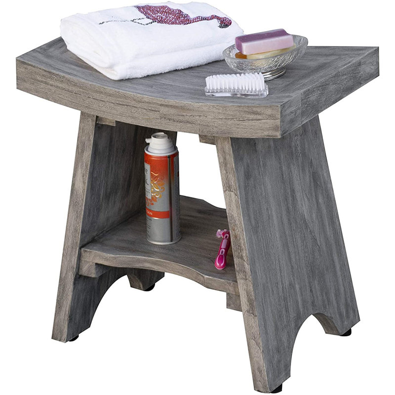 Banc de douche contemporain en teck avec tablette au fini gris