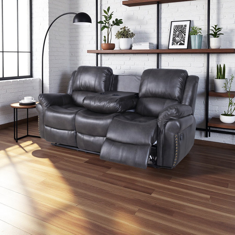 81.1" Manual Reclining Faux Leather 3-Seater Sofa with Drop-Down Table & Cup Holders, Gray, Gray