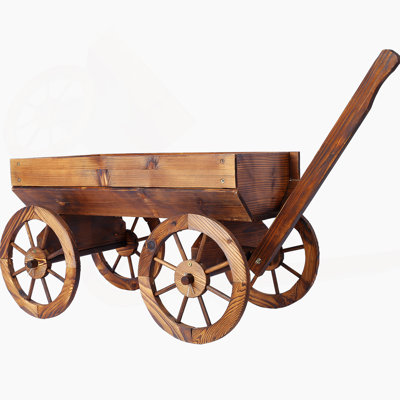Mobile Wooden Wagon Planter Box with Wheels, Handle, and Drain Hole, Indoor & Outdoor Garden Decor