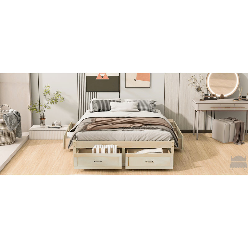 Lit plateforme double avec 6 tiroirs de rangement, Brun, Grand lit