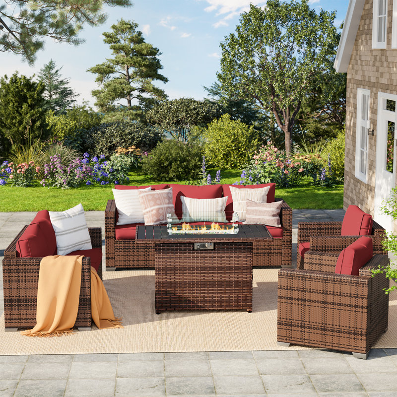 Azoriah 7-Person Wicker Outdoor Seating Group with Fire Pit Table, 26" H x 43.5" W x 28" D, Wine Red