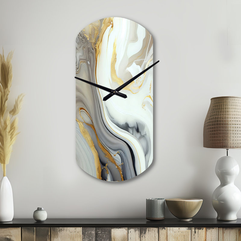 Blanc et or marbre abstrait III - horloges cylindriques en métal, horloge murale asymétrique en métal blanc, Petit