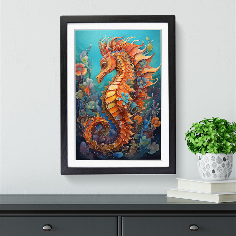 Seahorse Expressionism - Single Picture Frame Print on Wood, Black, 34cm H x 25cm W x 2cm D