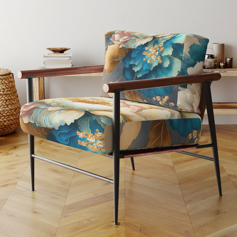 Vibrant Floral Bunch II - Chaise rembourrée de style campagnard avec accoudoirs rustiques, Noir, noir, noir, noir