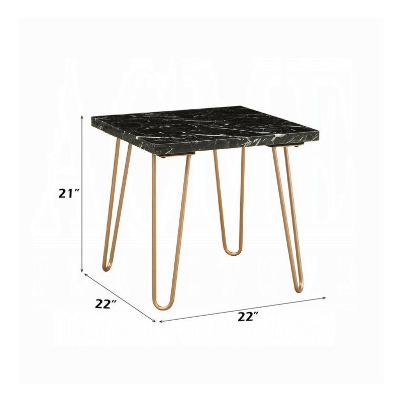 Table de bout moderne carrée avec plateau en marbre noir et pieds en V dorés en métal