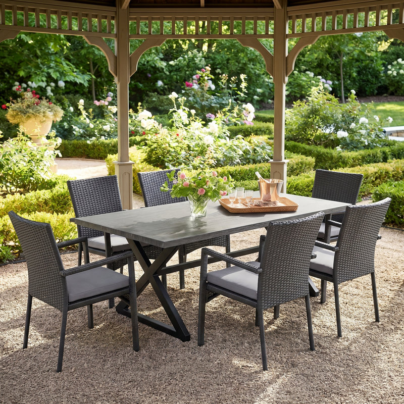 Anfal 6 - Person Wicker Patio Dining Set with Rectangular Table, Gray