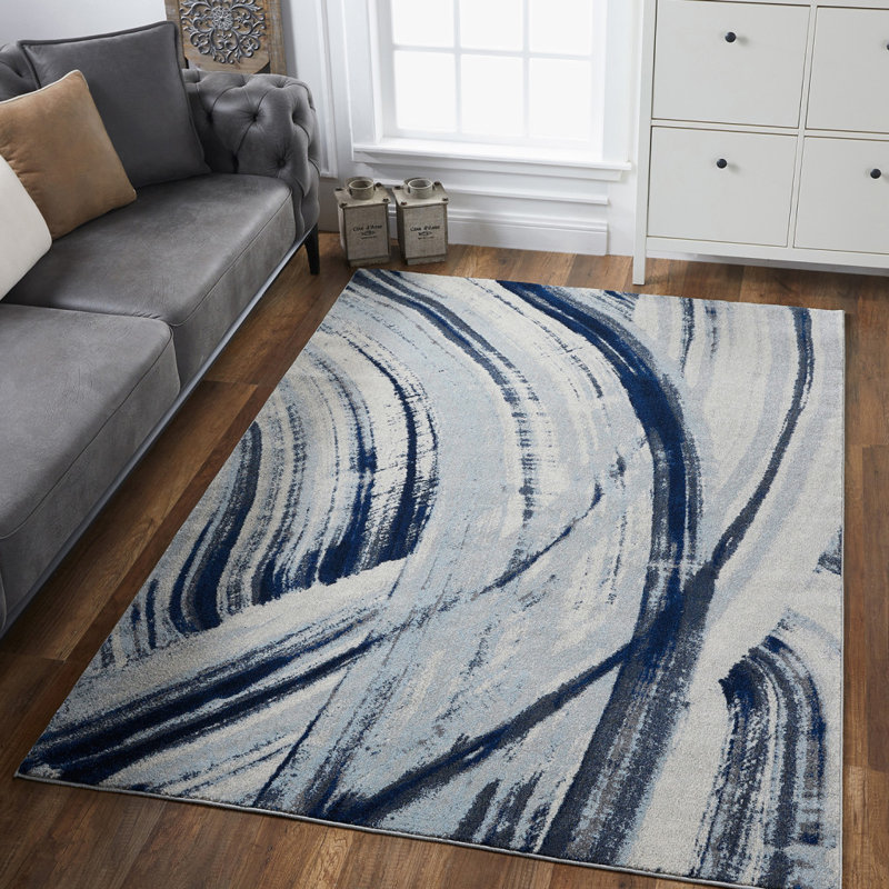 Tapis Leon Leon, Ivoire / Bleu, Rectangle de 5 pi x 8 pi