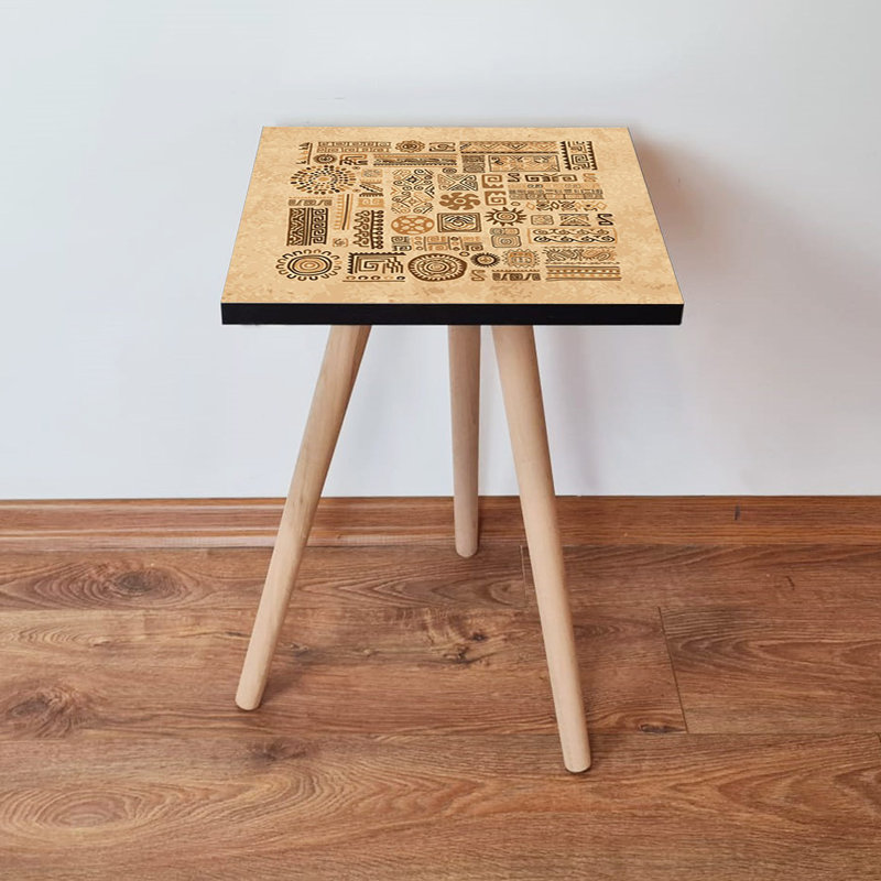 Table d'appoint élégante avec pieds en bois de hêtre, brun clair et noir | 100% panneau de fibres à densité moyenne, dimensions: 13,8 po x 16,5 po x 13,8 po | Conception géométrique ethnique, décor robuste et élégant pour le salon ou la chambre à coucher, idéal pour un décor moderne