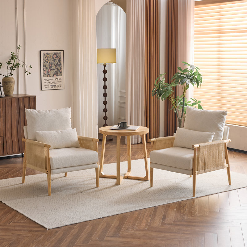 2Pcs Beige Chenille Accent Chair Armchair With Pillow, Beige