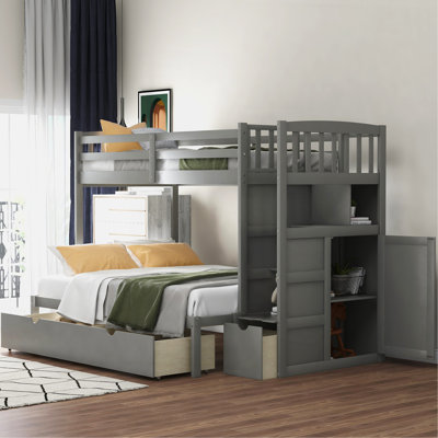 Twin Over Full/Twin Bunk Bed, Convertible Bottom Bed, Storage Shelves And Drawers, Gray