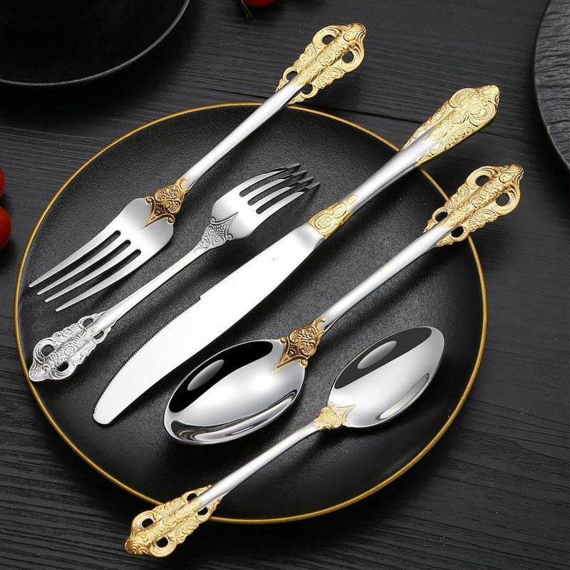 Ensemble de couverts de luxe 20 pièces, ensemble de couverts en acier inoxydable 304 avec accents dorés, ensemble de couverts polis miroir pour un dîner raffiné et des occasions spéciales
