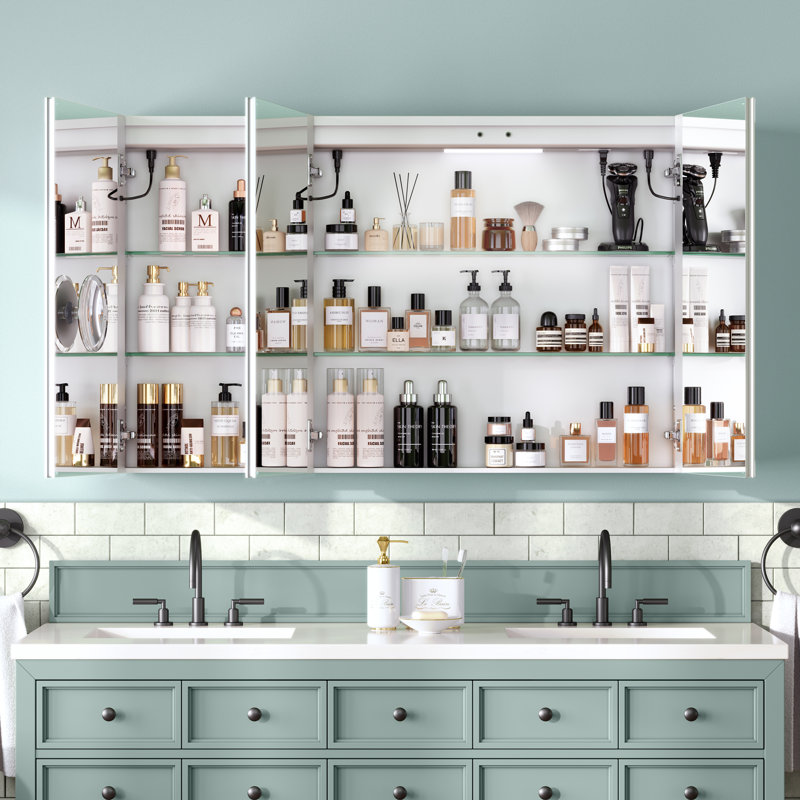 Armoire à pharmacie avec miroir à DEL encastré ou en surface de 48 po de largeur, H 30 po, désembueur, capteur tactile, gradateur, prises et USB