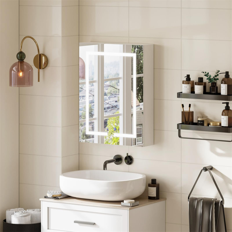 Chriss mm Wide mm H Mirrored Cabinet with Mirror and 3 Adjustable Shelves, 66cm H x 50cm W x 13cm D