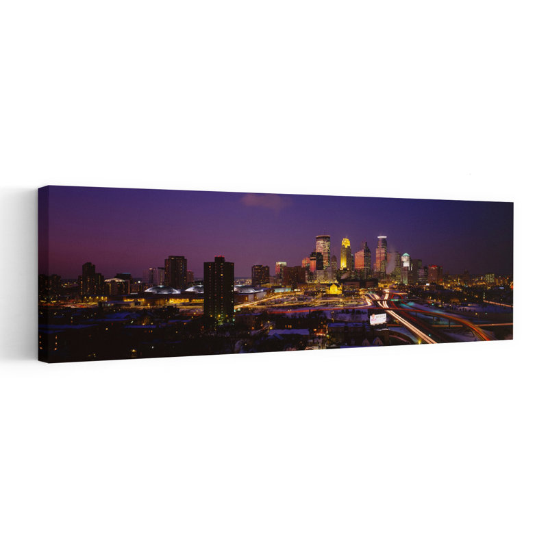 Skyscrapers lit up at dusk Minneapolis Minnesota USA 1 Piece Wrapped Canvas Panoramic Wall Art, 30.48 cm H x 91.44 cm W