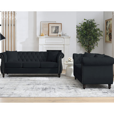 Velours noir 80 po, 3 places avec design et tête de clou. Pour le salon, la chambre à coucher, le bureau. Structure en bois massif, siège en mousse souple, confort ergonomique, 2 coussins en velours, accent de têtes de clou. Bureau.