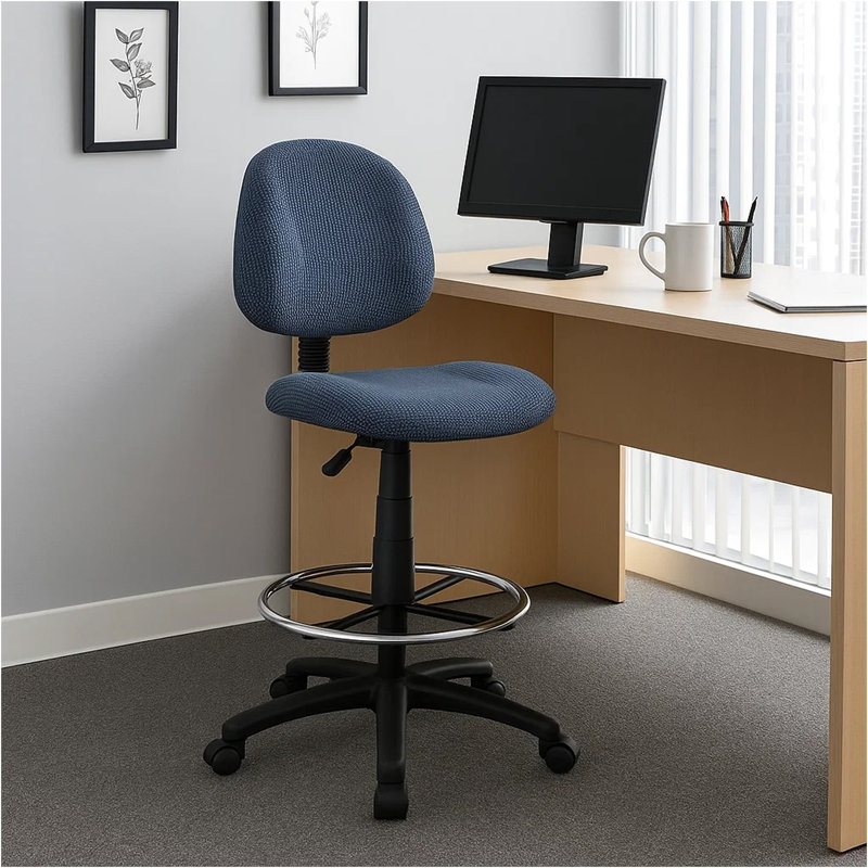 Jea Drafting Stool Chair, Blue Tweed, Contoured Back And Footring, Blue